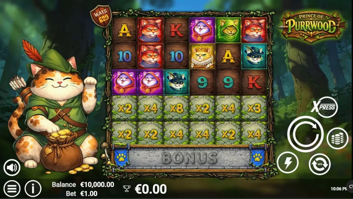 Suasana hutan misterius dan karakter kucing dalam slot Prince of Purrwood