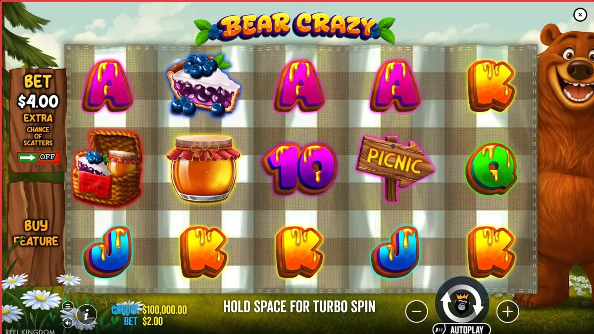 Pemandangan hutan cerah dengan simbol-simbol bertema piknik di slot Bear Crazy
