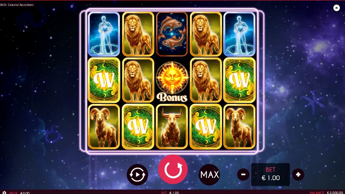 Tampilan visual slot Celestial Revolutions dengan latar belakang kosmik dan simbol zodiak.
