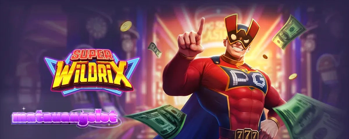 Tampilan antarmuka seluler slot Super Wildrix dengan tema pahlawan super neon.